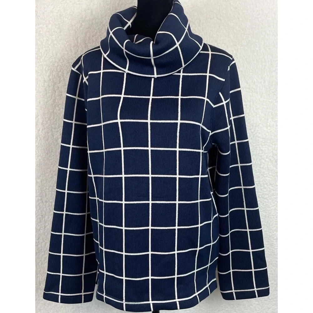J. CREW • Blue/White Square Grid Windowpane Long Sleeve Turtleneck Sweater, L - Picture 10 of 15